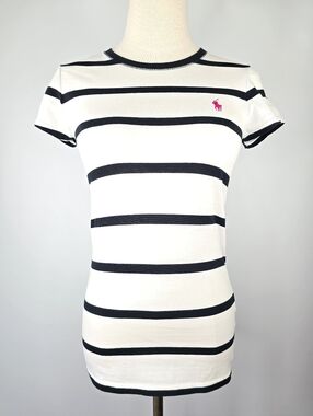 Ralph Lauren Sport Black & White Stripe Tee Pink Pony Logo Size M Runs Small